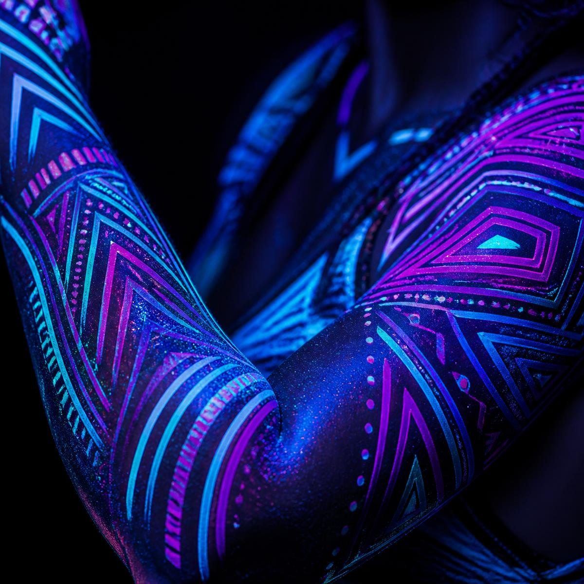 Close-up of neon UV stencil linework painted on an arm