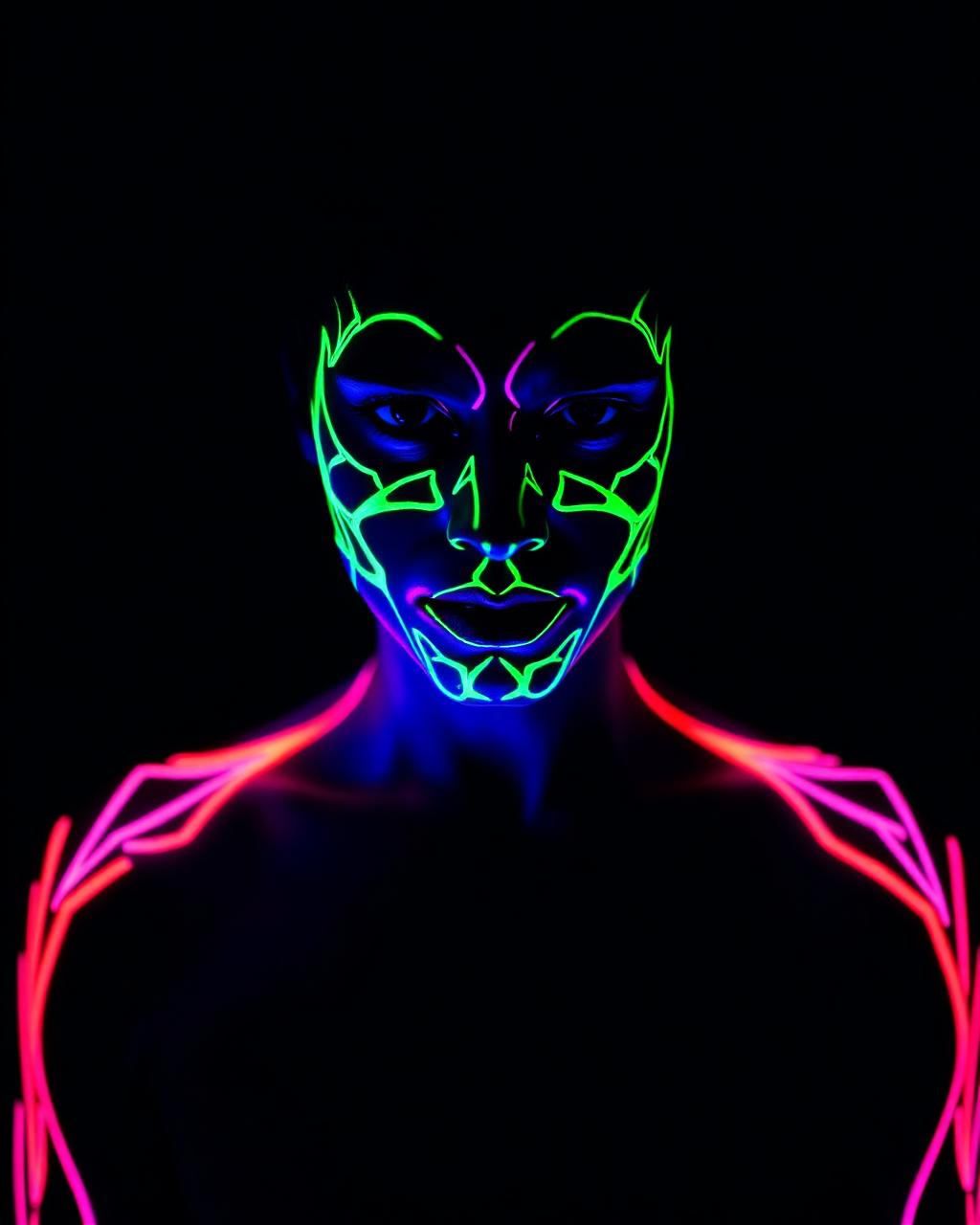 The same body art under UV blacklight, glowing intense neon cyan, magenta and lime